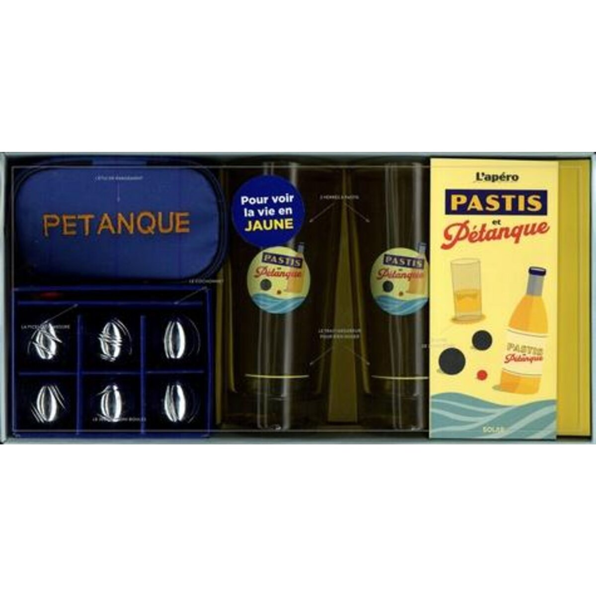 L'APERO PASTIS ET PETANQUE. COFFRET AVEC 1 VERRES A PASTIS, 1 JEU DE MINI-BOULES AVEC 1 HOUSSE, 1 COCHONET ET 1 FICELLE, Solar