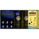 L'APERO PASTIS ET PETANQUE. COFFRET AVEC 1 VERRES A PASTIS, 1 JEU DE MINI-BOULES AVEC 1 HOUSSE, 1 COCHONET ET 1 FICELLE, Solar