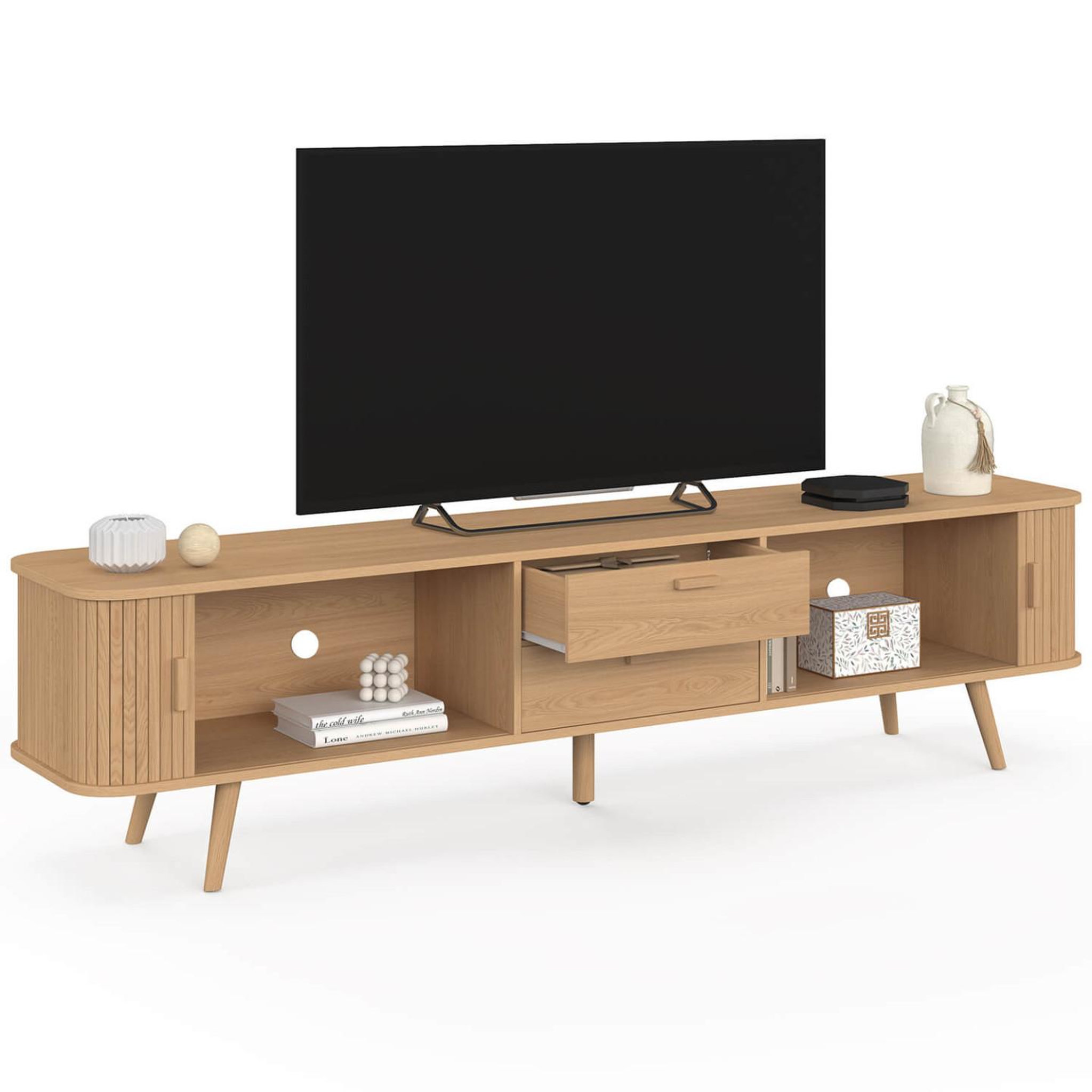 Voir la diapositive 4 : ID MARKET Meuble tv 200 cm romie 2 portes coulissantes et 2 tiroirs lattes tasseau bois coloris chêne