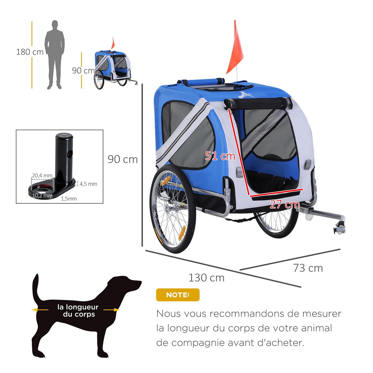 PAWHUT Remorque vélo pour chien animaux pliable 8 réflecteurs drapeau barre attelage inclus acier polyester imperméable max. 30 Kg 130L x 73l x 90H cm bleu blanc