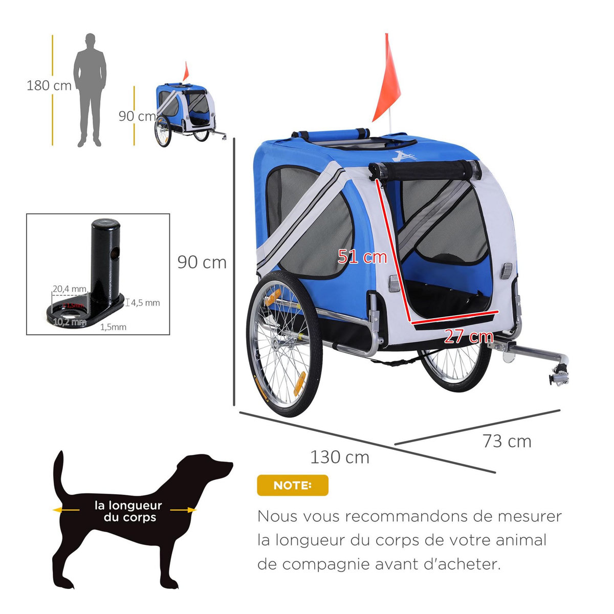 PAWHUT Remorque vélo pour chien animaux pliable 8 réflecteurs drapeau barre attelage inclus acier polyester imperméable max. 30 Kg 130L x 73l x 90H cm bleu blanc