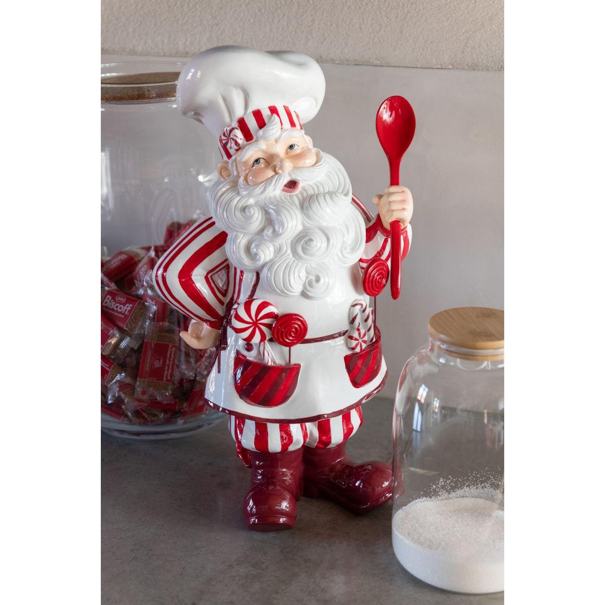 Voir la diapositive 3 : J-LINE Père-noël cuisinier  sucre d'orge  47cm rouge & blanc