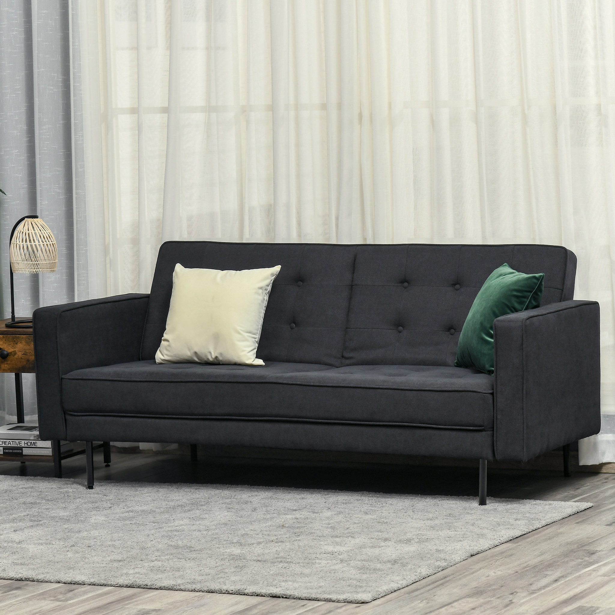 Voir la diapositive 2 : HOMCOM Canapé convertible 2 places style Chesterfield capitonné dossier inclinable 3 positions tissu gris foncé