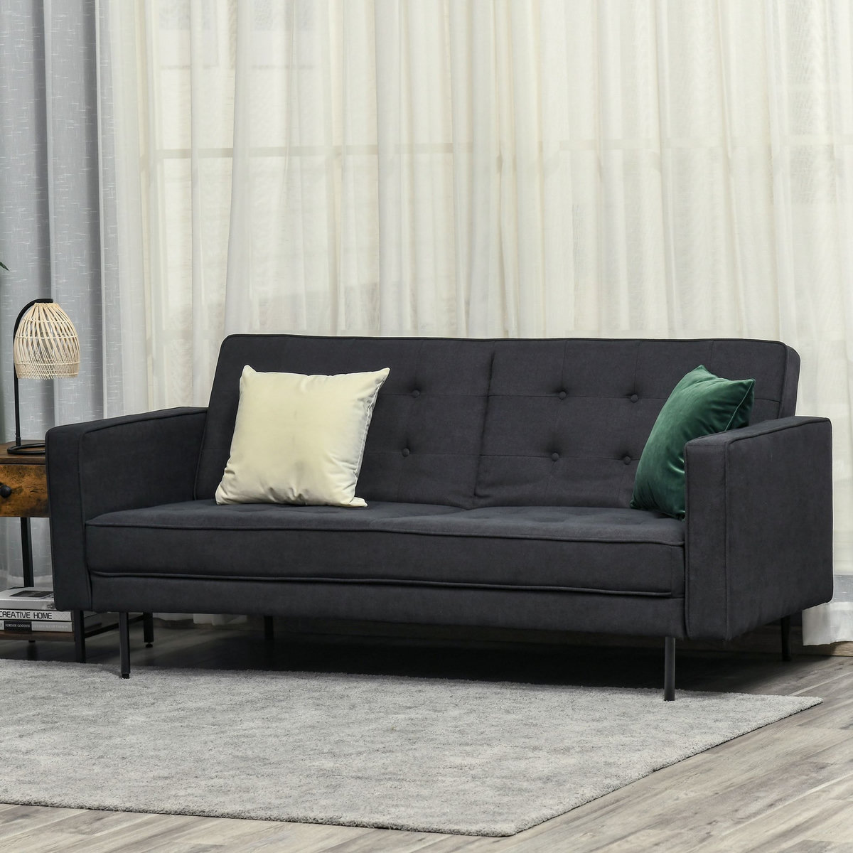 HOMCOM Canapé convertible 2 places style Chesterfield capitonné dossier inclinable 3 positions tissu gris foncé