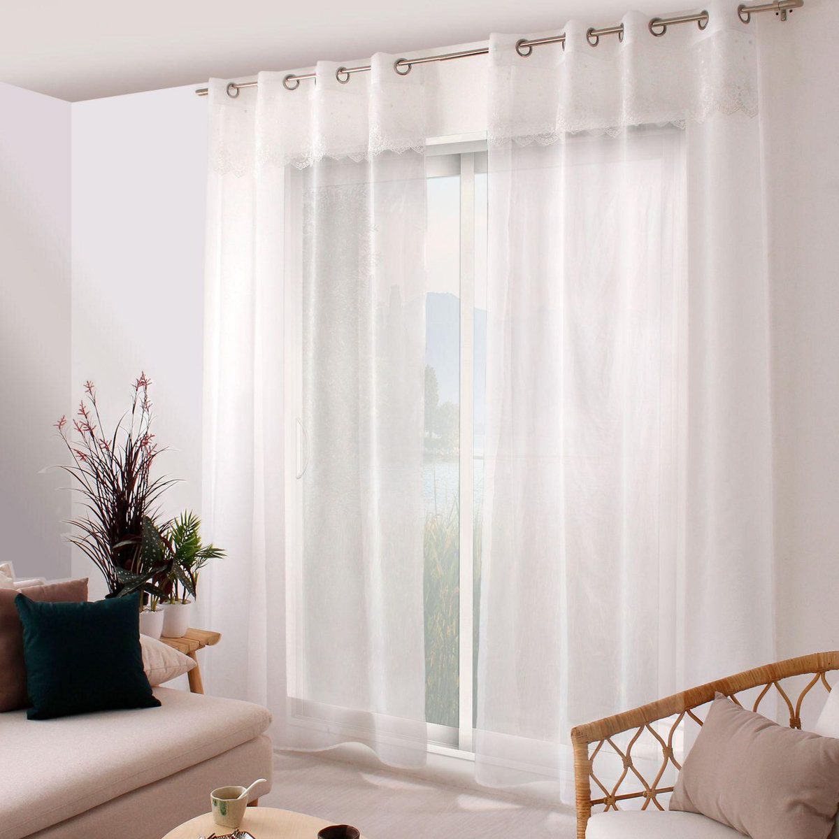 TOILINUX Voilage avec motif brodé MASSALA - 140 x 240 cm - Blanc