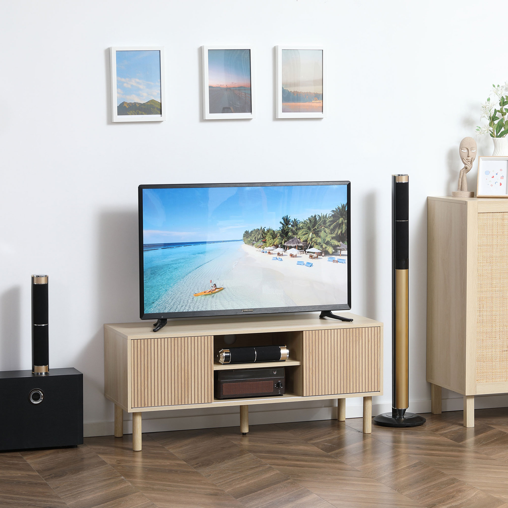 Voir la diapositive 2 : HOMCOM Meuble TV banc TV design Urban Craft - 2 portes coulissantes, 2 niches - piètement cylindrique - panneaux particules aspect bois clair