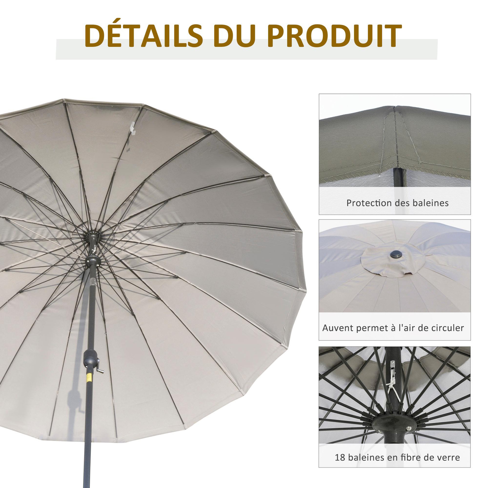 Voir la diapositive 5 : OUTSUNNY Parasol inclinable rond avec manivelle métal fibre de verre Ø 2,55 m polyester haute densité gris