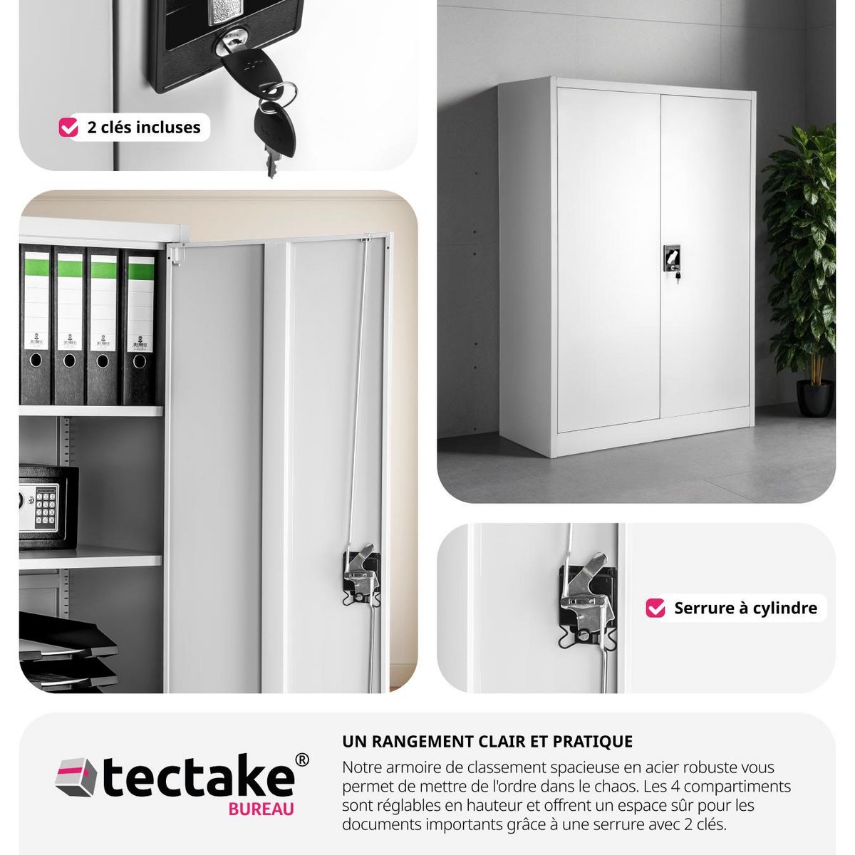 tectake Armoire de classement en métal en acier lâqué époxy gris