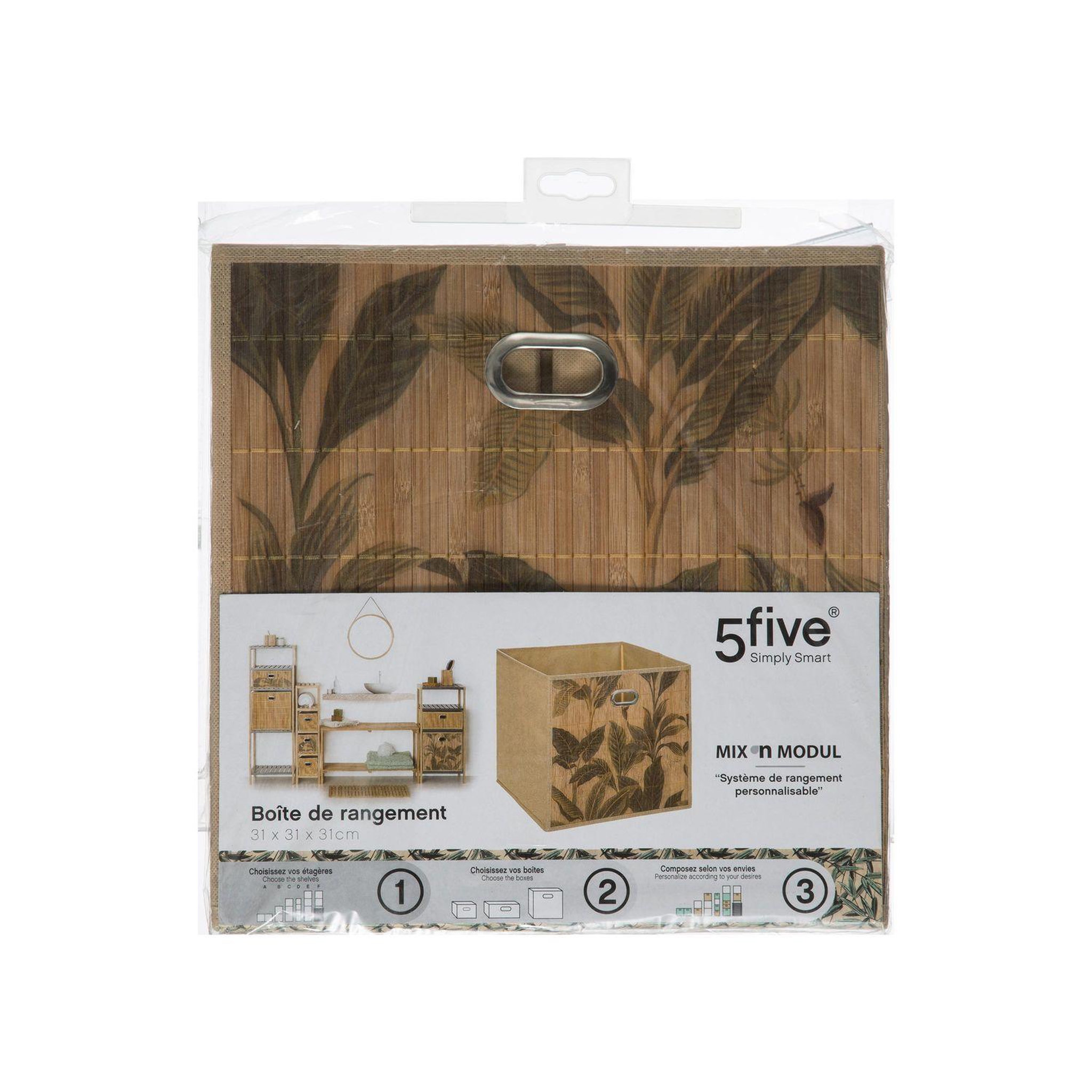 Voir la diapositive 2 : FIVE Boîte de rangement imprimé tropical en bambou et tissu - marron