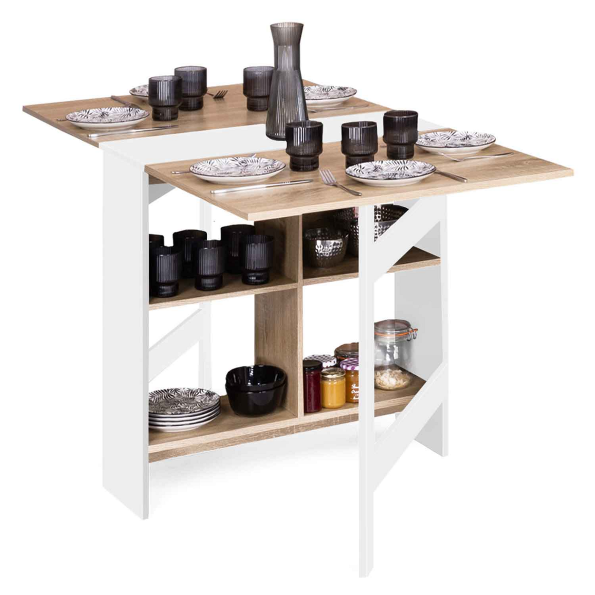 ID MARKET Table console pliable EDI 2-6 personnes avec rangements bois blanc plateau façon hêtre 150 x 80 cm