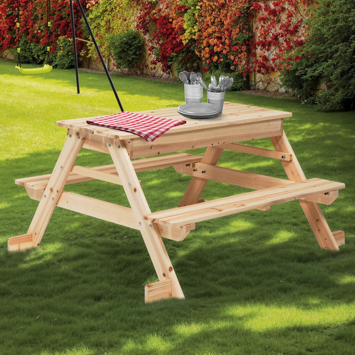 ID MARKET Table de pique-nique FOODY bois pour enfants avec bac à sable intégré