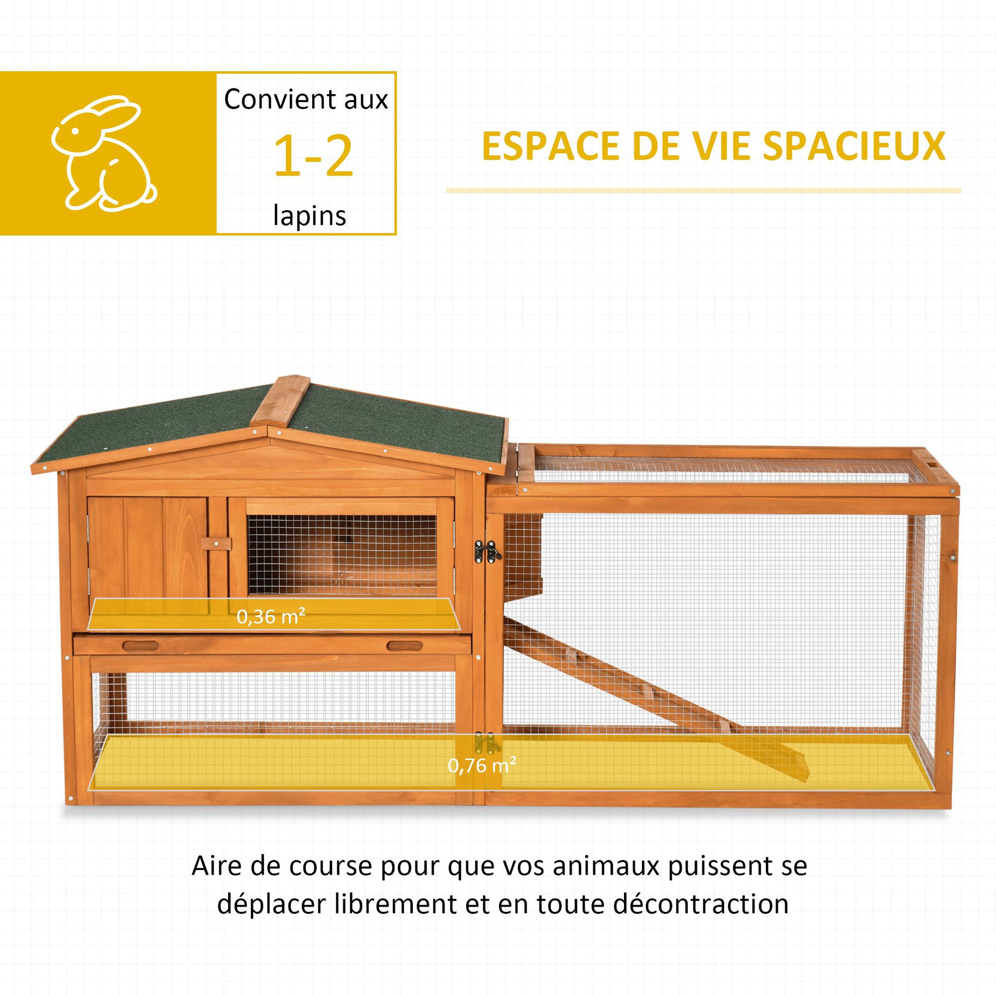 Voir la diapositive 5 : PAWHUT Clapier cage à lapins rongeurs 2 étages tiroir déjection enclos extérieur toit ouvrant dim. 156L x 58l x 68H cm bois sapin pré-huilé