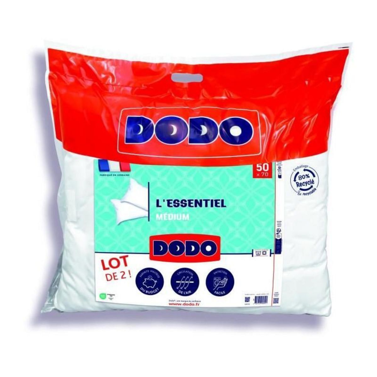 DODO DODO Lot de 2 Oreillers Médium - L'ESSENTIEL - 50x70 cm - 100% Polyester
