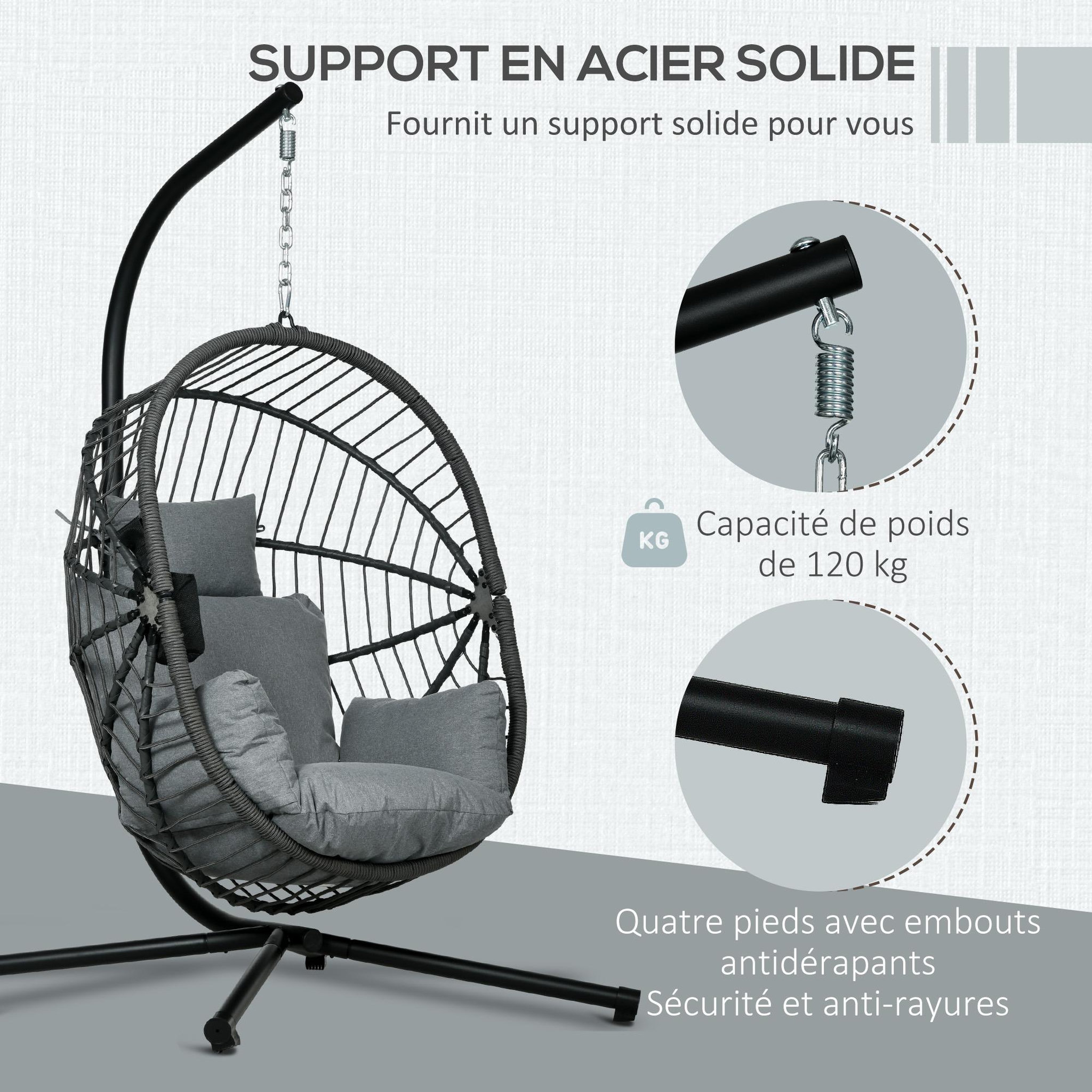 Voir la diapositive 5 : OUTSUNNY Fauteuil suspendu pliable - fauteuil de jardin suspendu avec coussin - acier noir cordage PP gris