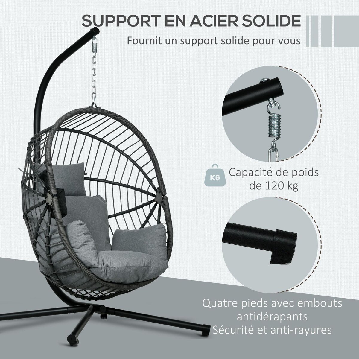 OUTSUNNY Fauteuil suspendu pliable - fauteuil de jardin suspendu avec coussin - acier noir cordage PP gris