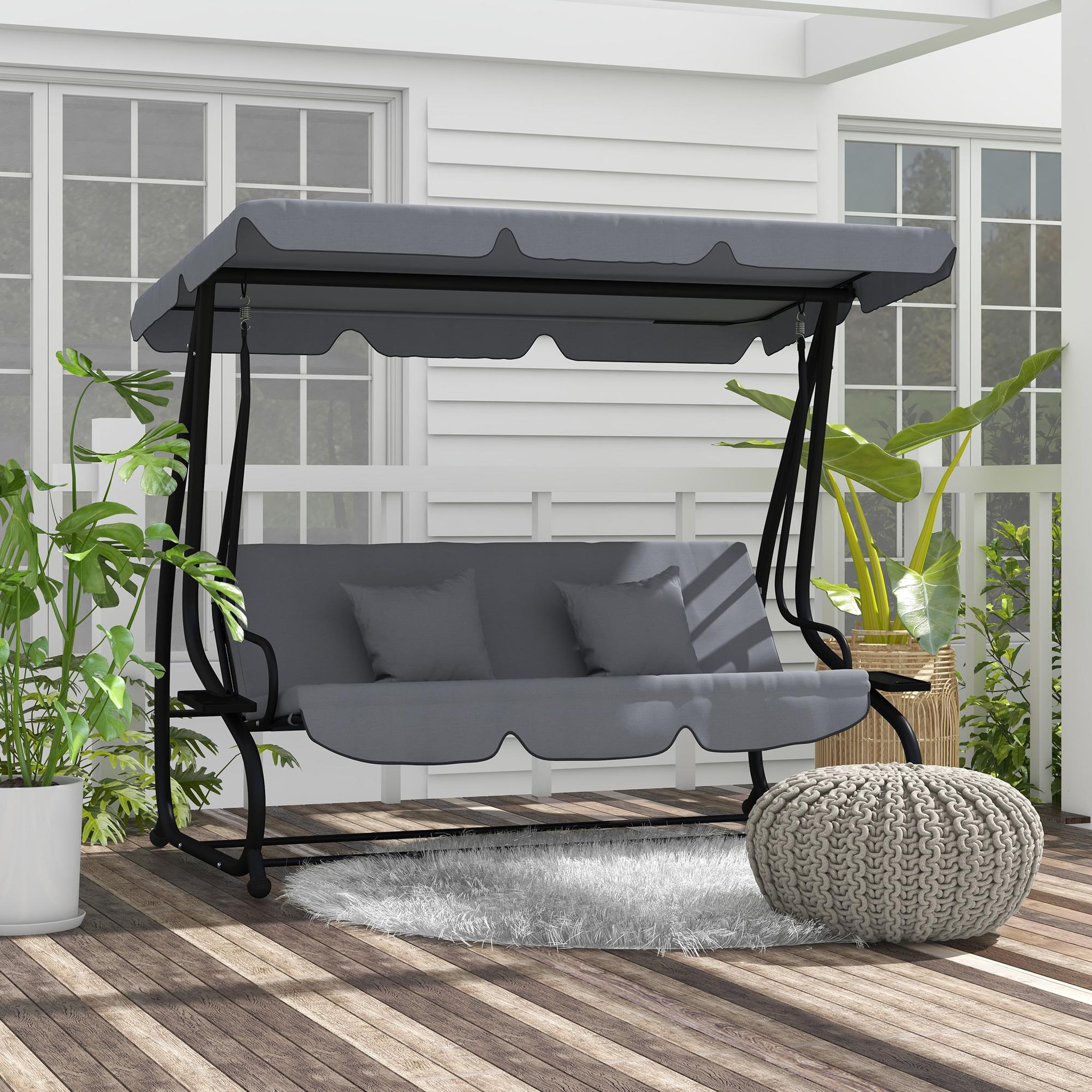 Voir la diapositive 2 : OUTSUNNY Balancelle de jardin convertible 3 places inclinaison toit réglable 2 tablettes + matelas 2L x 1,2l x 1,64H m métal époxy noir polyester gris