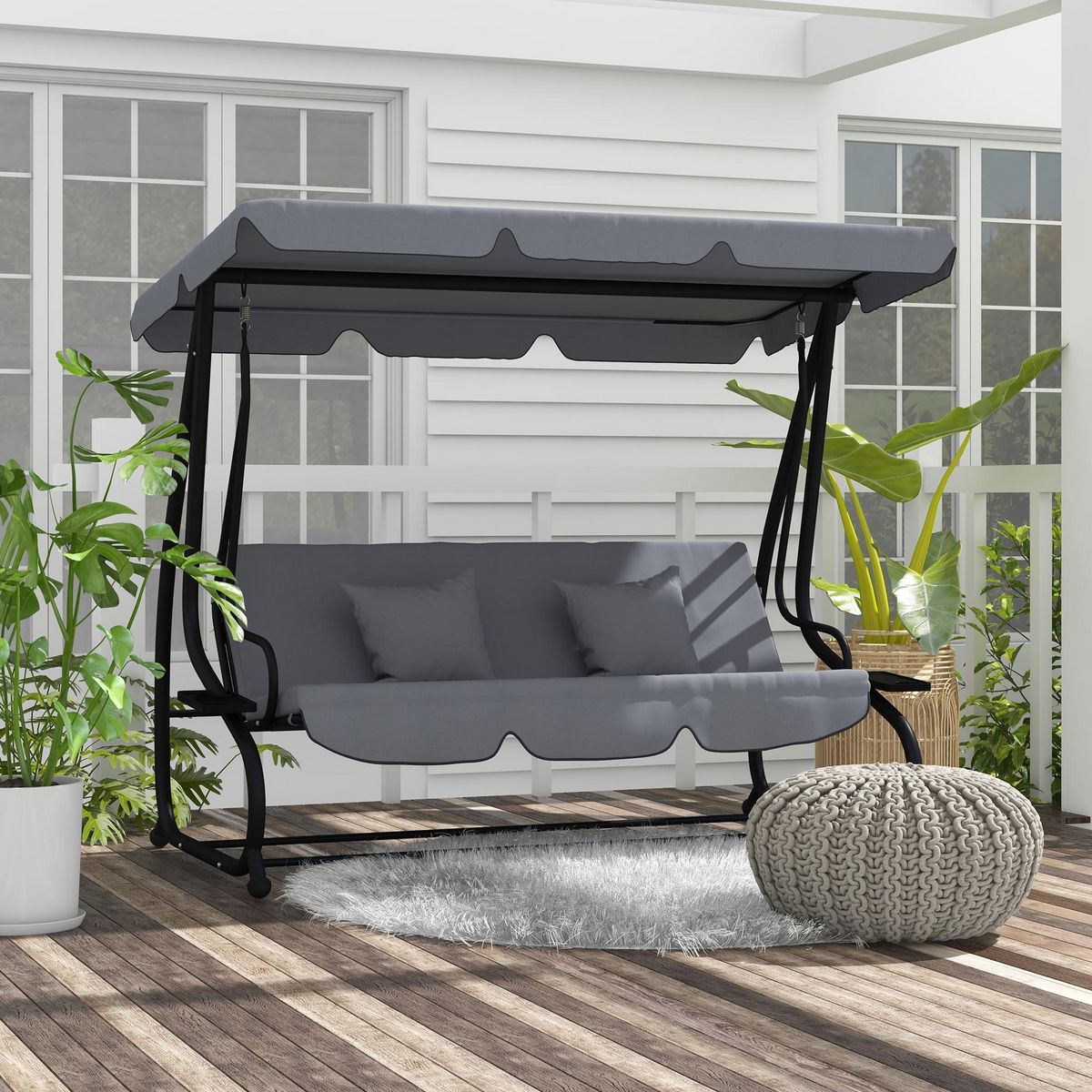 OUTSUNNY Balancelle de jardin convertible 3 places inclinaison toit réglable 2 tablettes + matelas 2L x 1,2l x 1,64H m métal époxy noir polyester gris