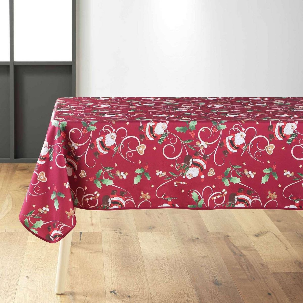 Douceur d'Intérieur Nappe rectangulaire antitache et infroissable imprimé Père Noël - L. 150 x l. 240 cm - Rouge