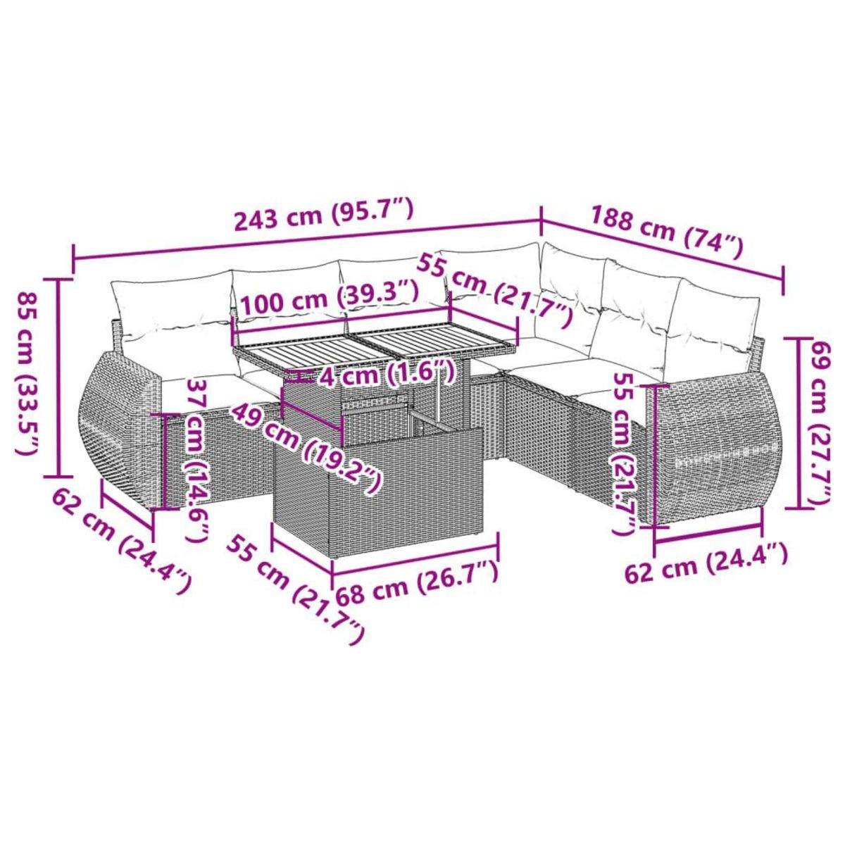 VIDAXL Salon de jardin 7 pcs avec coussins noir resine tressee
