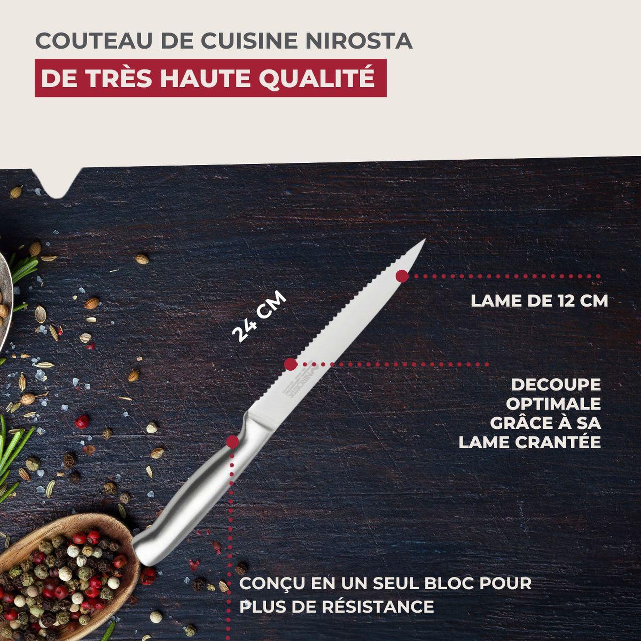 Voir la diapositive 3 : NIROSTA Couteau de cuisine professionnel 24 cm lame crantée Nirosta Star