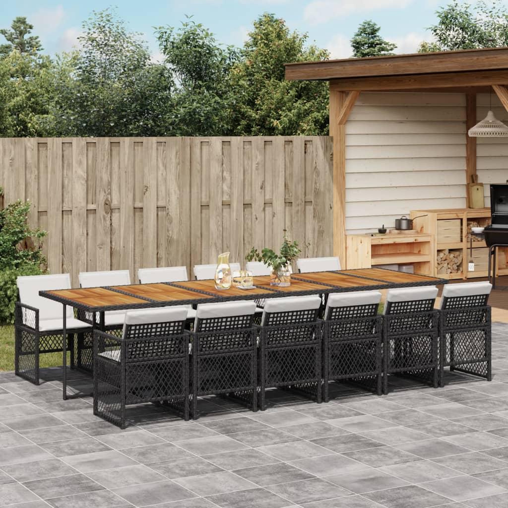 VIDAXL Ensemble a manger de jardin 13 pcs coussins noir resine tressee
