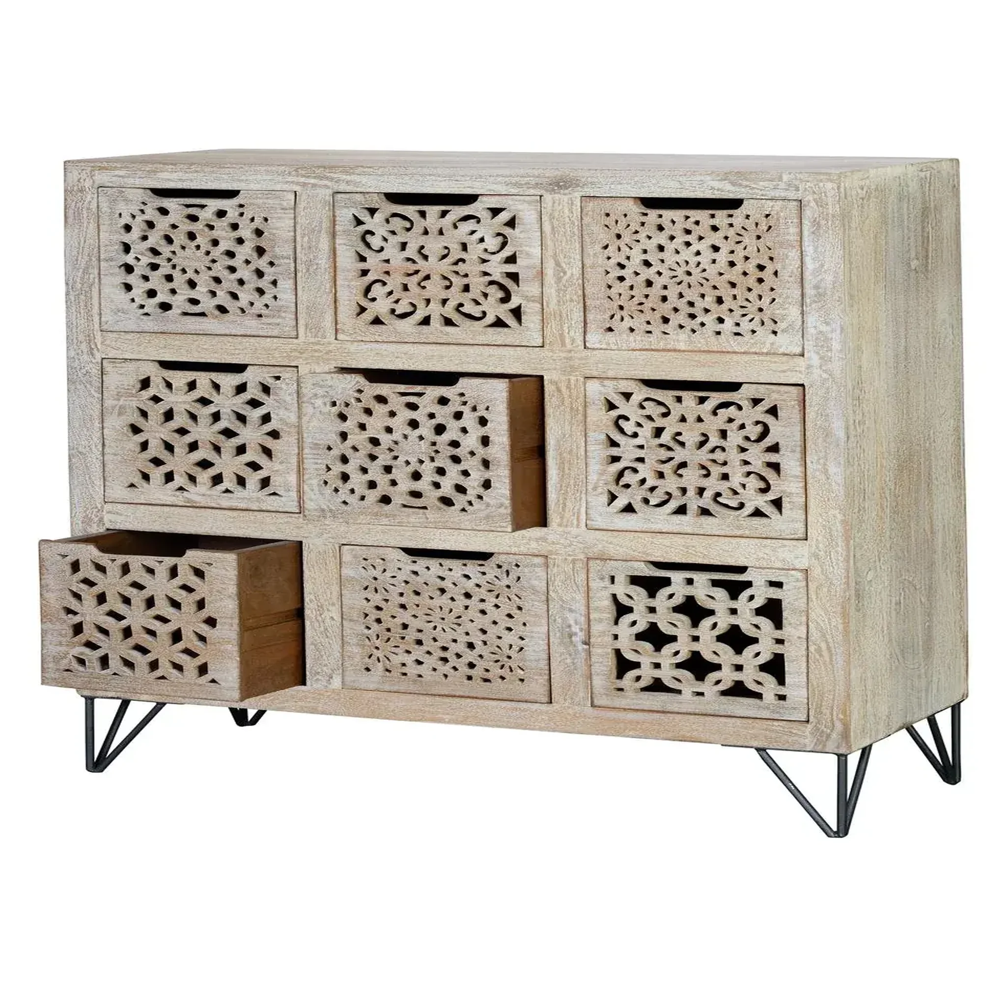 Voir la diapositive 2 : GINER Y COLOMER SL Commode en bois de manguier 112 cm style ethnique boho sculpté