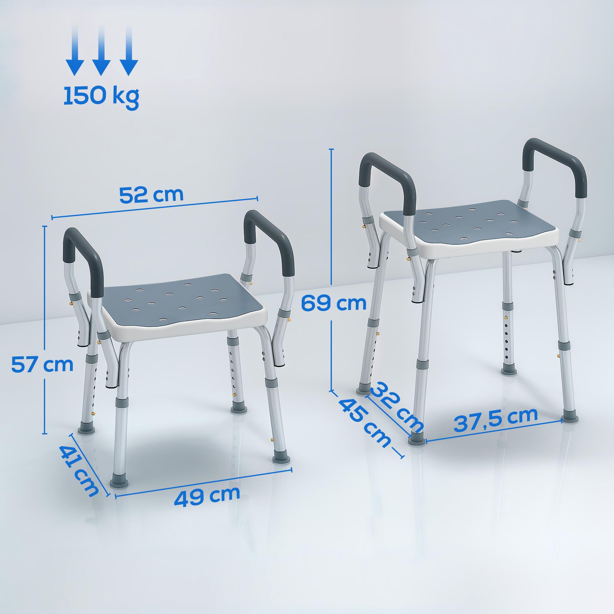 Voir la diapositive 3 : HOMCOM Chaise de douche tabouret de douche antidérapant - hauteur réglable, accoudoirs - alu hdpe bleu