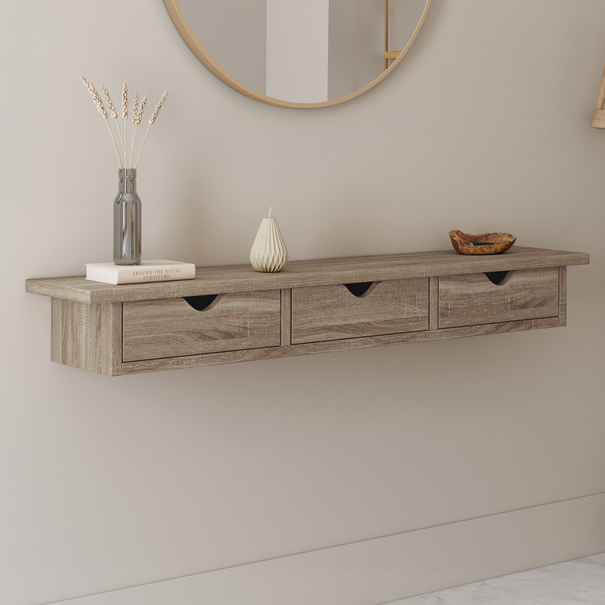 Voir la diapositive 2 : ID MARKET Etagère murale console d'entrée lise 3 tiroirs façon hêtre