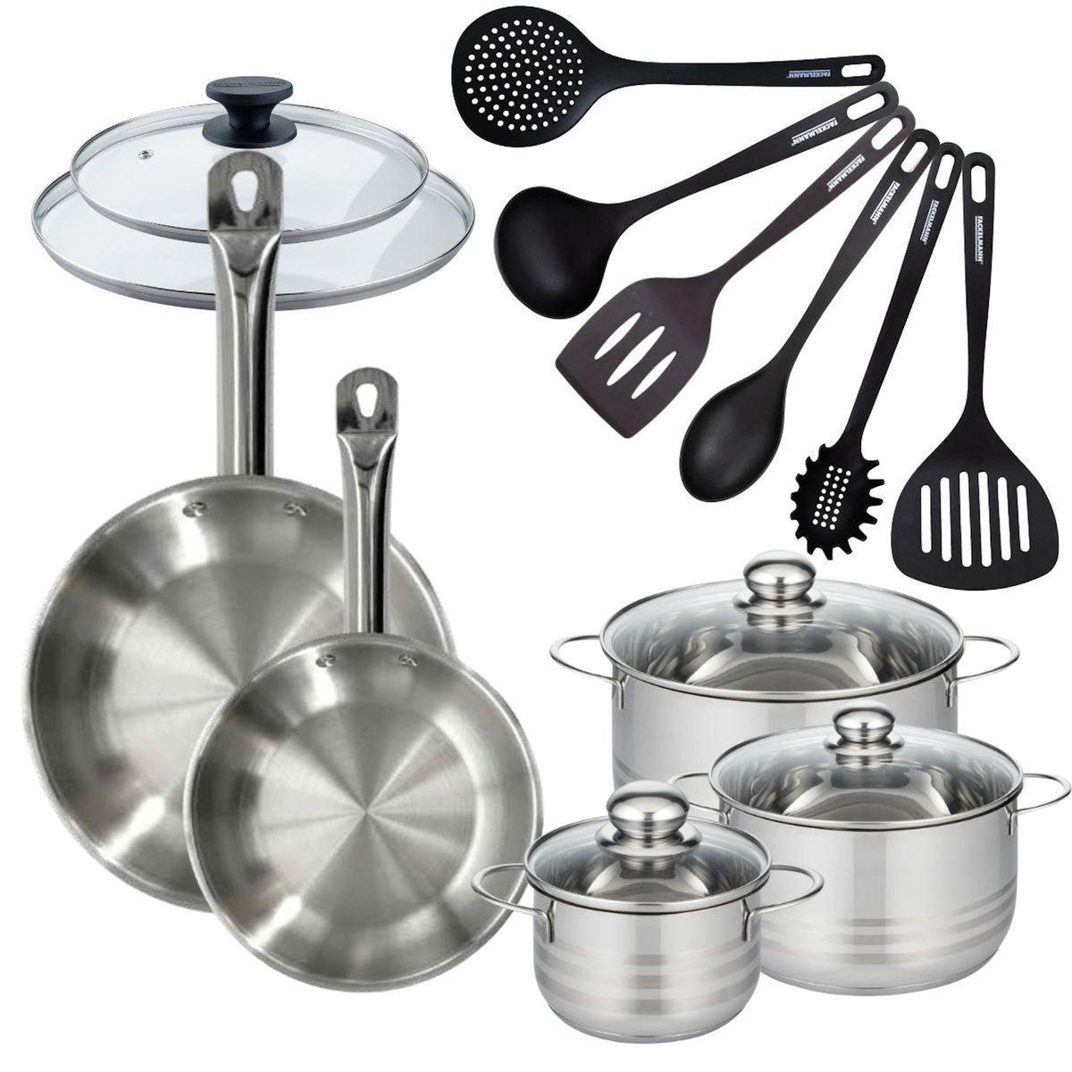 Fackelmann Set 2 poêles 24 28 cm en inox, 2 couvercles verre, 3 faitouts inox 16, 20 et 24 cm et 6 ustensiles RPET Fackelmann Eterna
