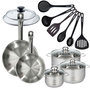 Voir la diapositive 1 : Fackelmann Set 2 poêles 24 28 cm en inox, 2 couvercles verre, 3 faitouts inox 16, 20 et 24 cm et 6 ustensiles RPET Fackelmann Eterna