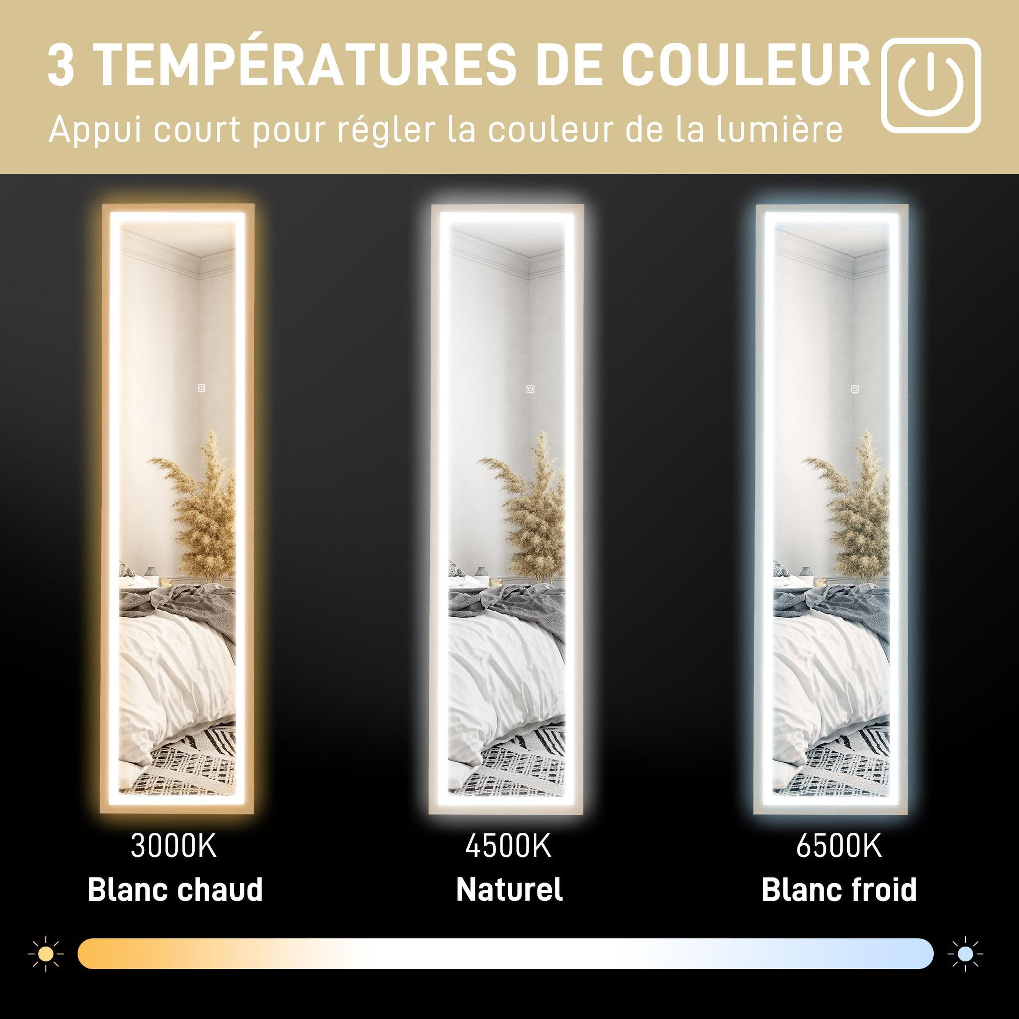 Voir la diapositive 6 : HOMCOM Grand miroir led pleine longueur 40 x 160 cm autoportant ou à fixer - 3 couleurs luminosité réglable - effet bois