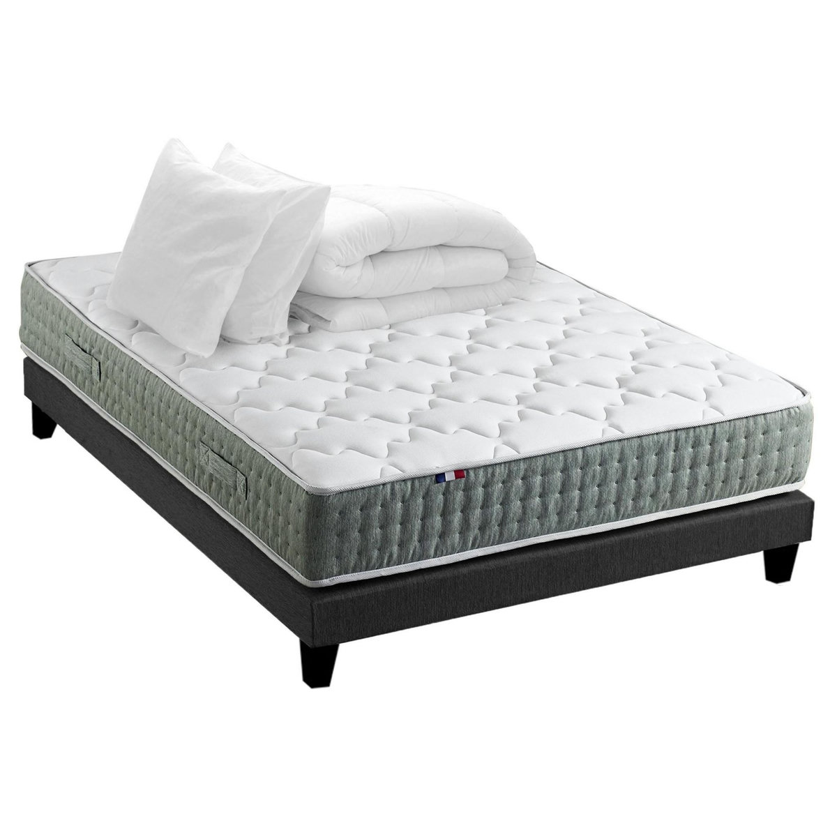 IDLITERIE Ensemble matelas Ressort 7 zones HYGGE + Sommier + couette + oreillers Fabriqué en France