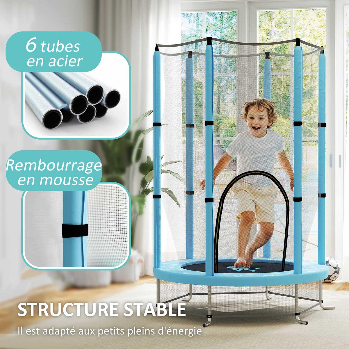 HOMCOM Trampoline enfant Ø140 cm - filet sécurité, porte zippée, 6 poteaux rembourrés - bleu ciel