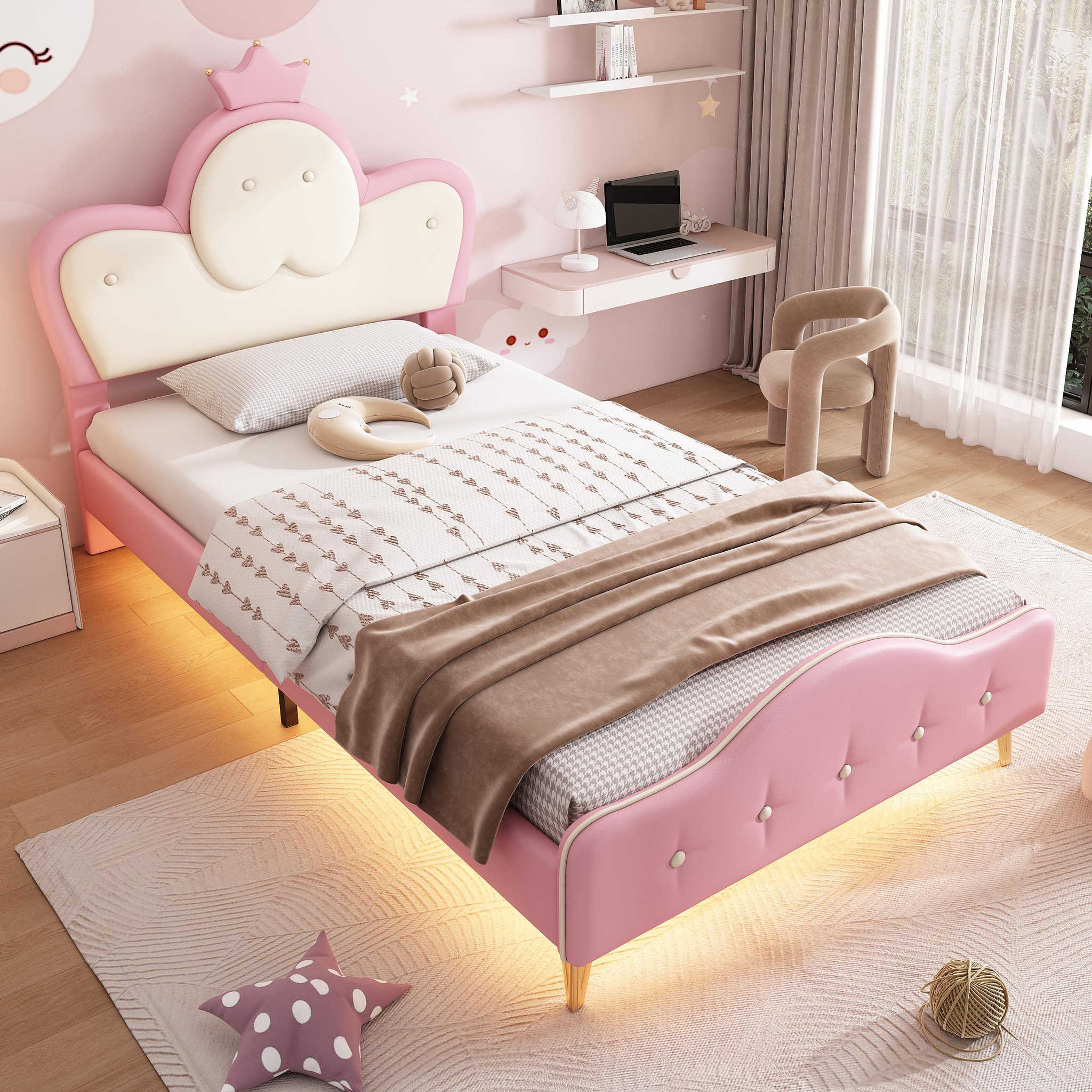Voir la diapositive 5 : MERAX Lit simple enfant rembourré 90x200cm pu coloris rose led