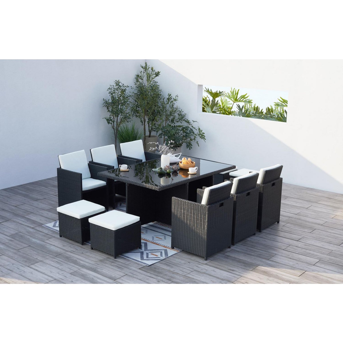 CONCEPT USINE Table et chaises 10 places encastrables résine noir-blanc MONACO