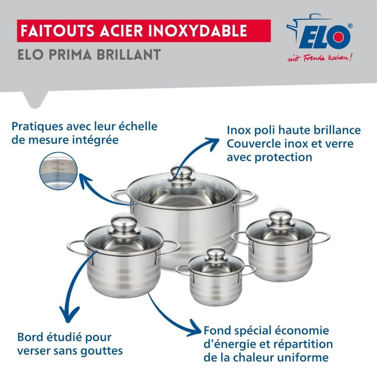 ELO Ensemble de 2 Poêles de cuisson 20 et 24 cm et 4 faitouts 12, 14, 16 et 24 cm Elo Prima Brillant