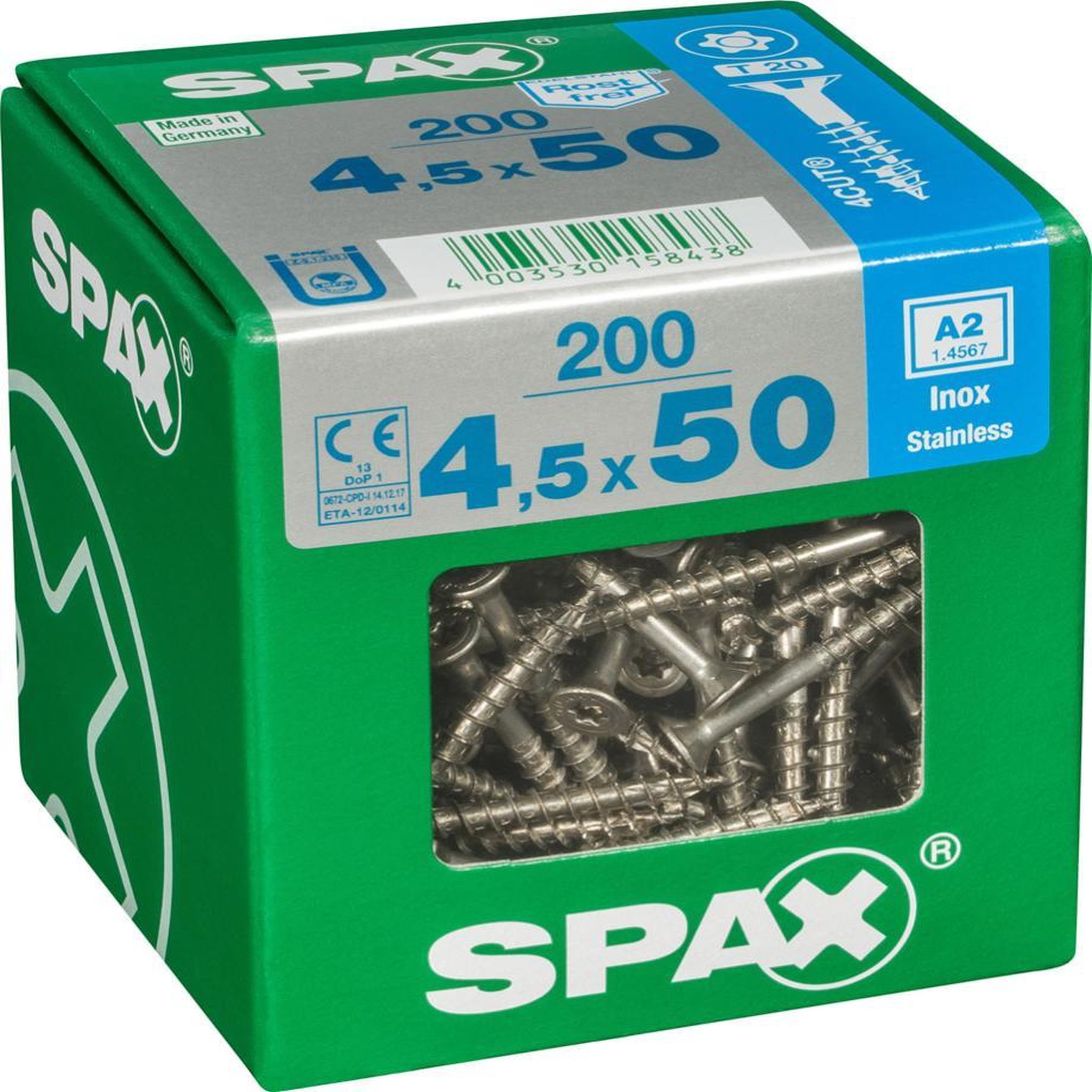 CENTRALE BRICO Lot de 200 vis inox tête fraisée torx SPAX, Diam.4.5 mm x L.50 mm