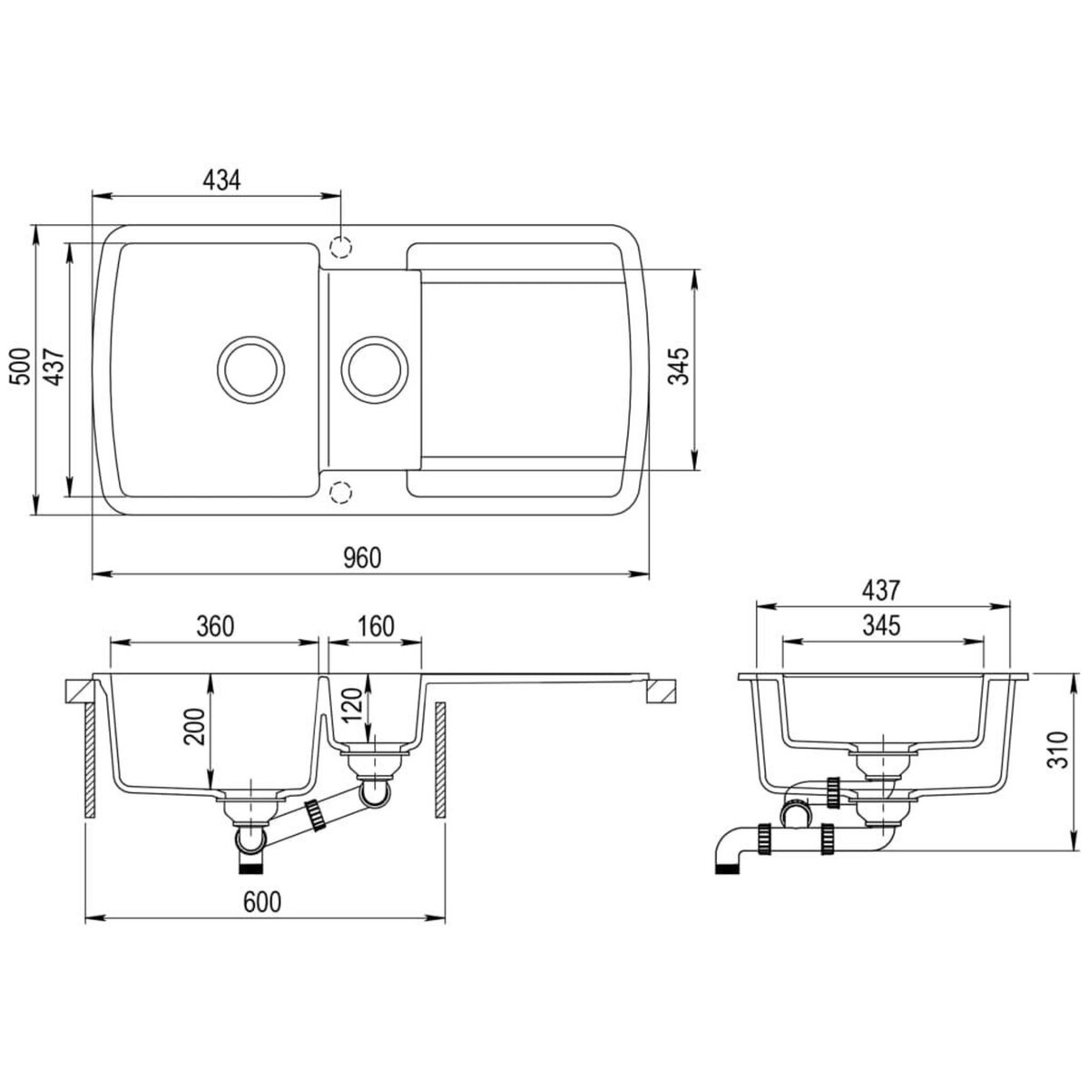 VIDAXL Evier de cuisine en granit Double bac Noir