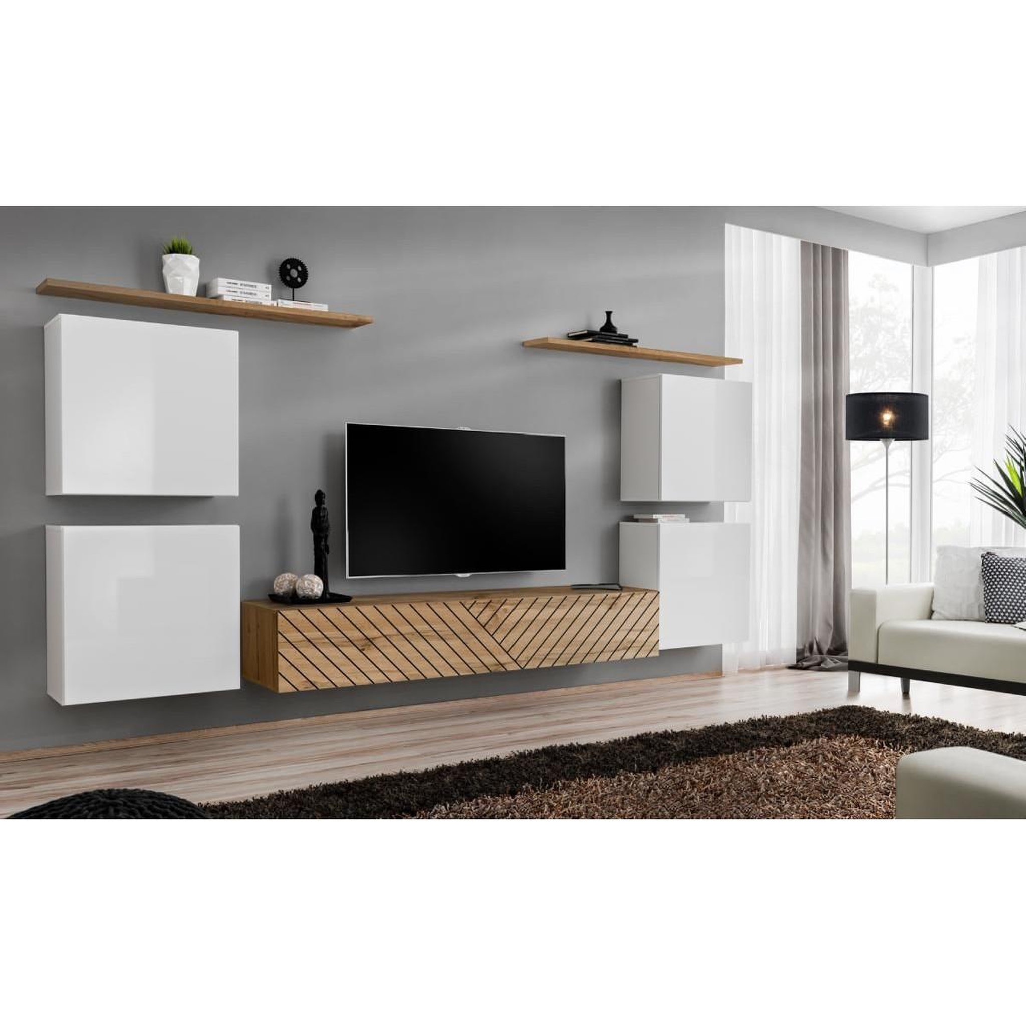 Voir la diapositive 2 : Paris Prix Ensemble meuble tv  switch lamel iv  320cm naturel & blanc