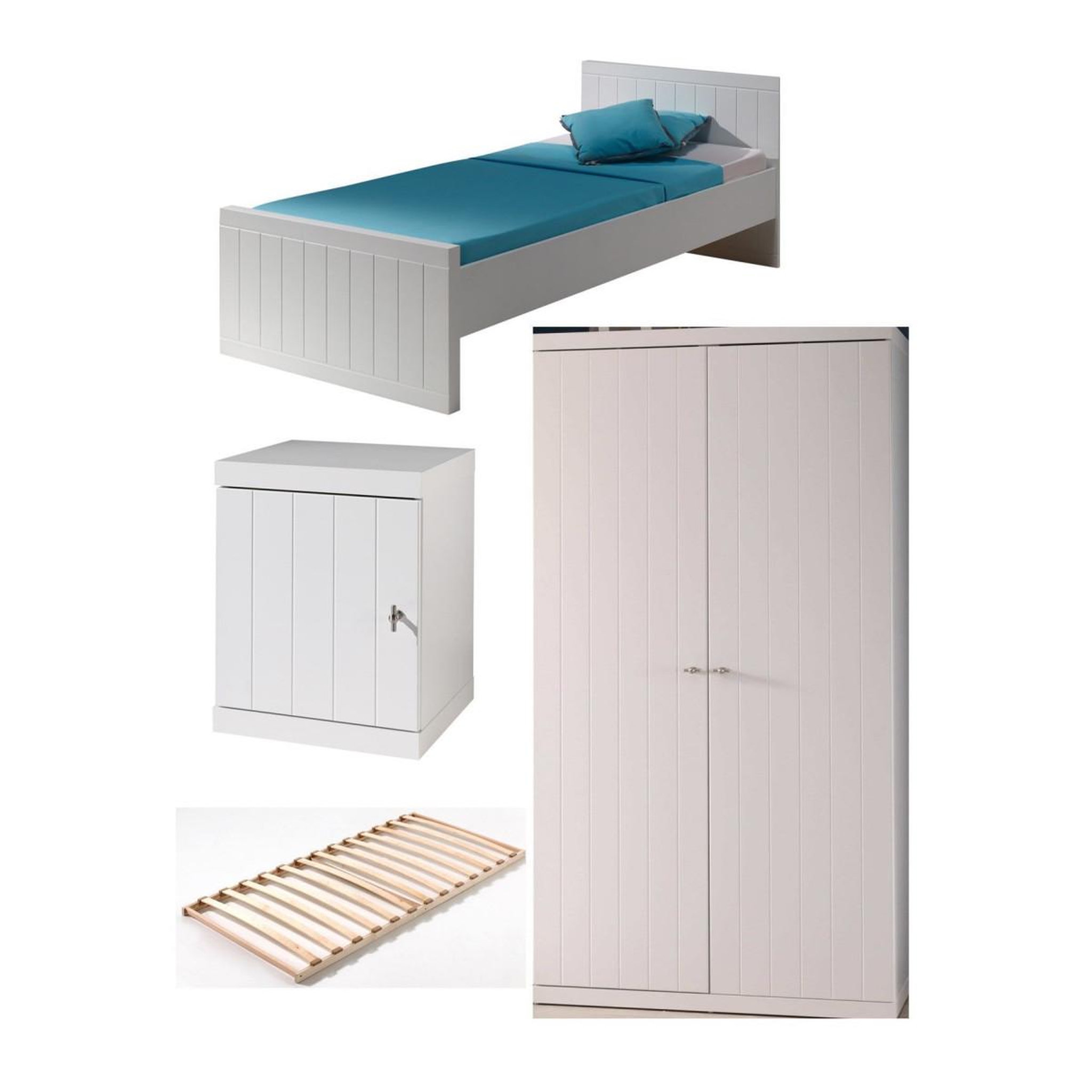 Voir la diapositive 1 : Paris Prix Pack - lit enfant, sommier, chevet & armoire  robin  90x200cm blanc
