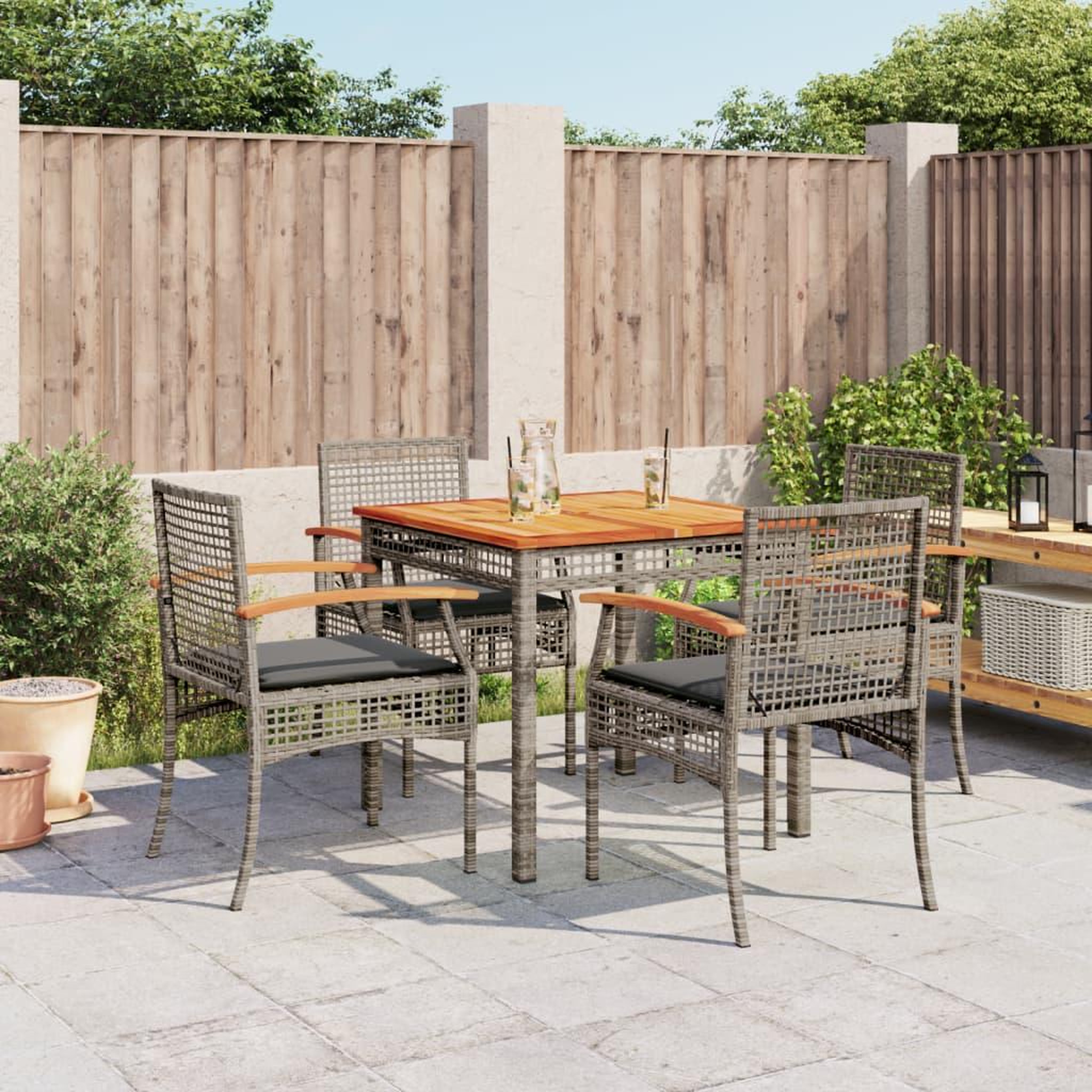 VIDAXL Ensemble a manger de jardin 5 pcs coussins gris resine tressee