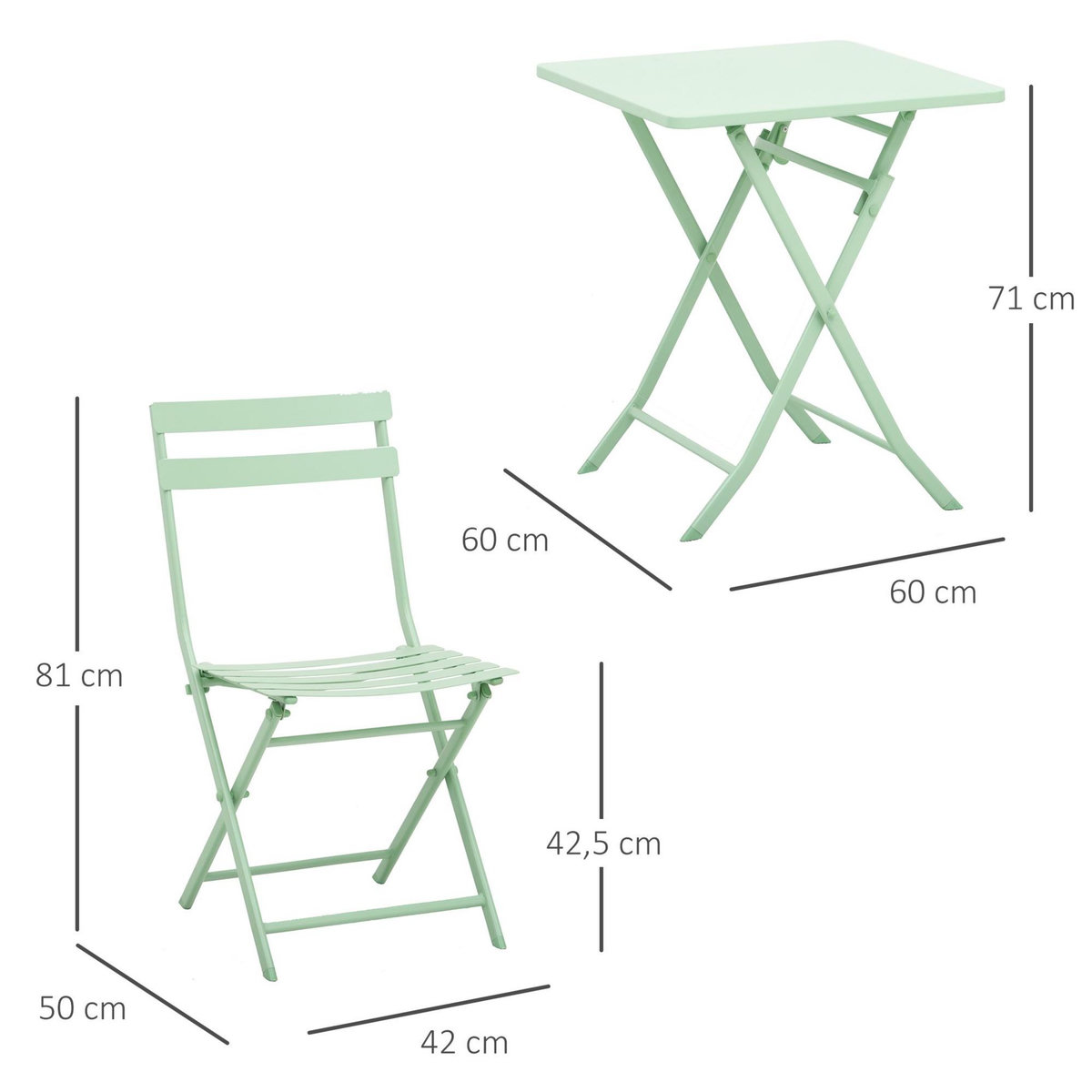OUTSUNNY Salon de jardin bistro pliable - table carrée dim. 60L x 60l x 71H cm avec 2 chaises - métal thermolaqué vert d'eau