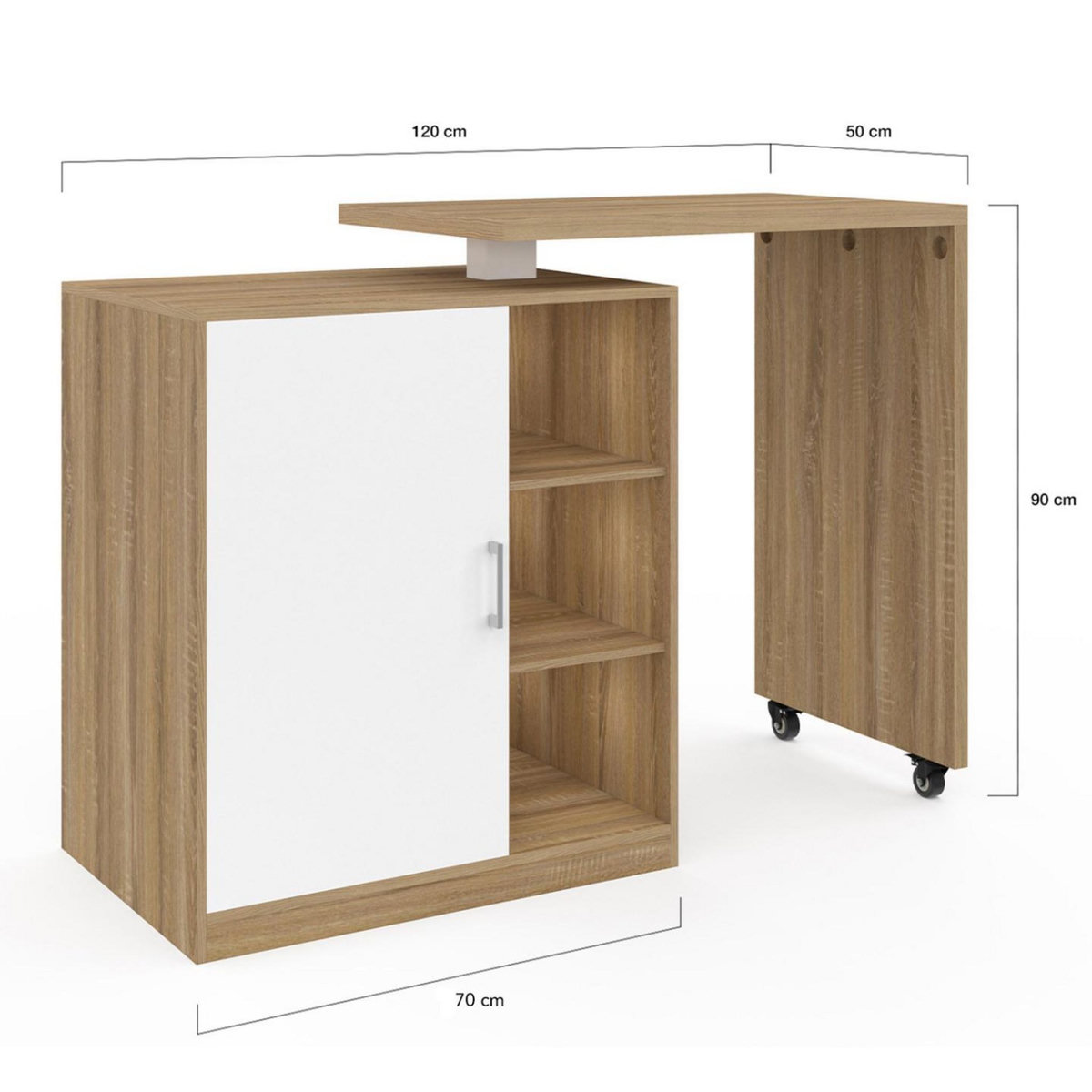ID MARKET Ilot rotatif POLO meuble de bar pivotant 2 en 1 imitation hêtre porte blanche