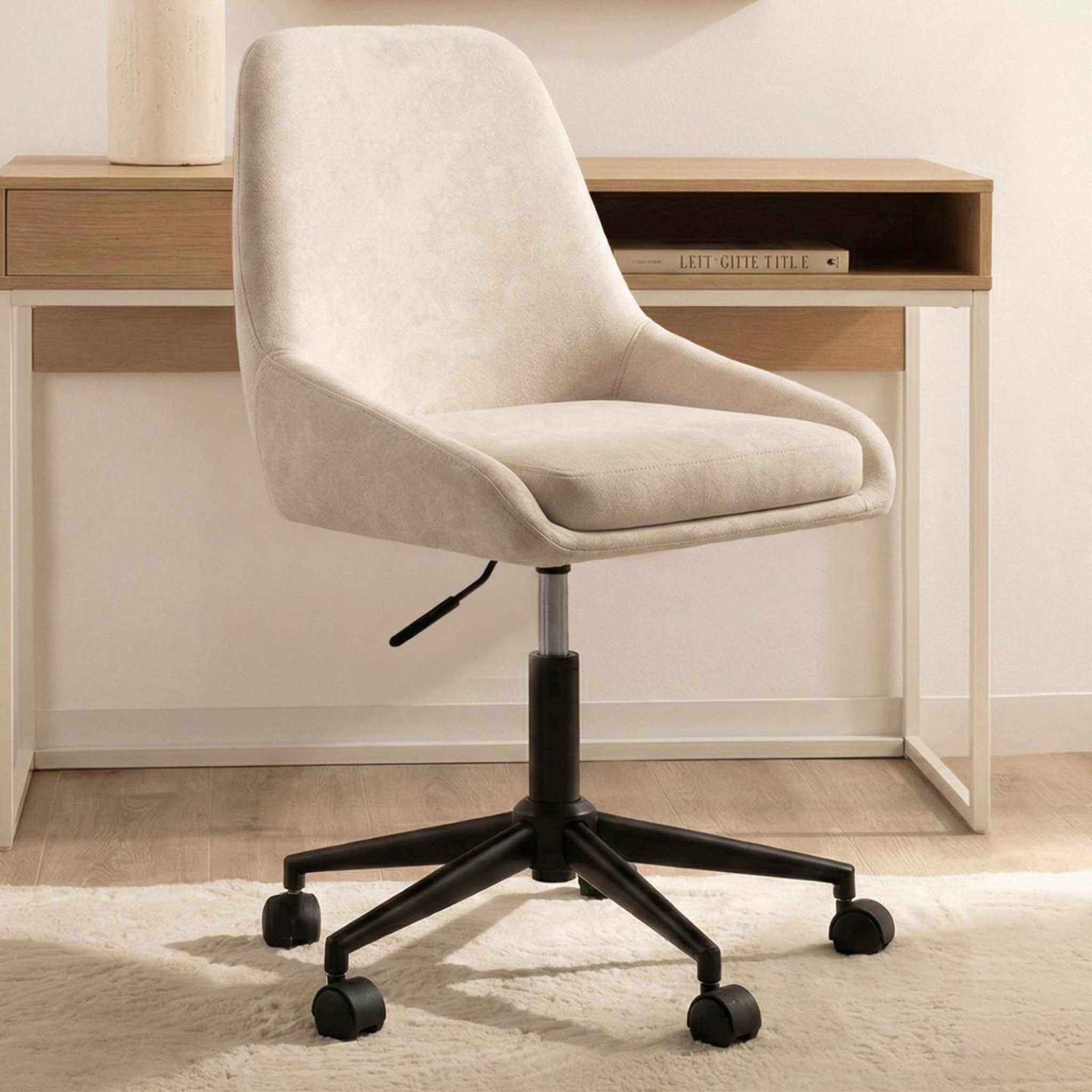 Voir la diapositive 2 : ID MARKET Chaise de bureau MARTIN en tissu chenille beige pivotante et hauteur réglable à roulettes