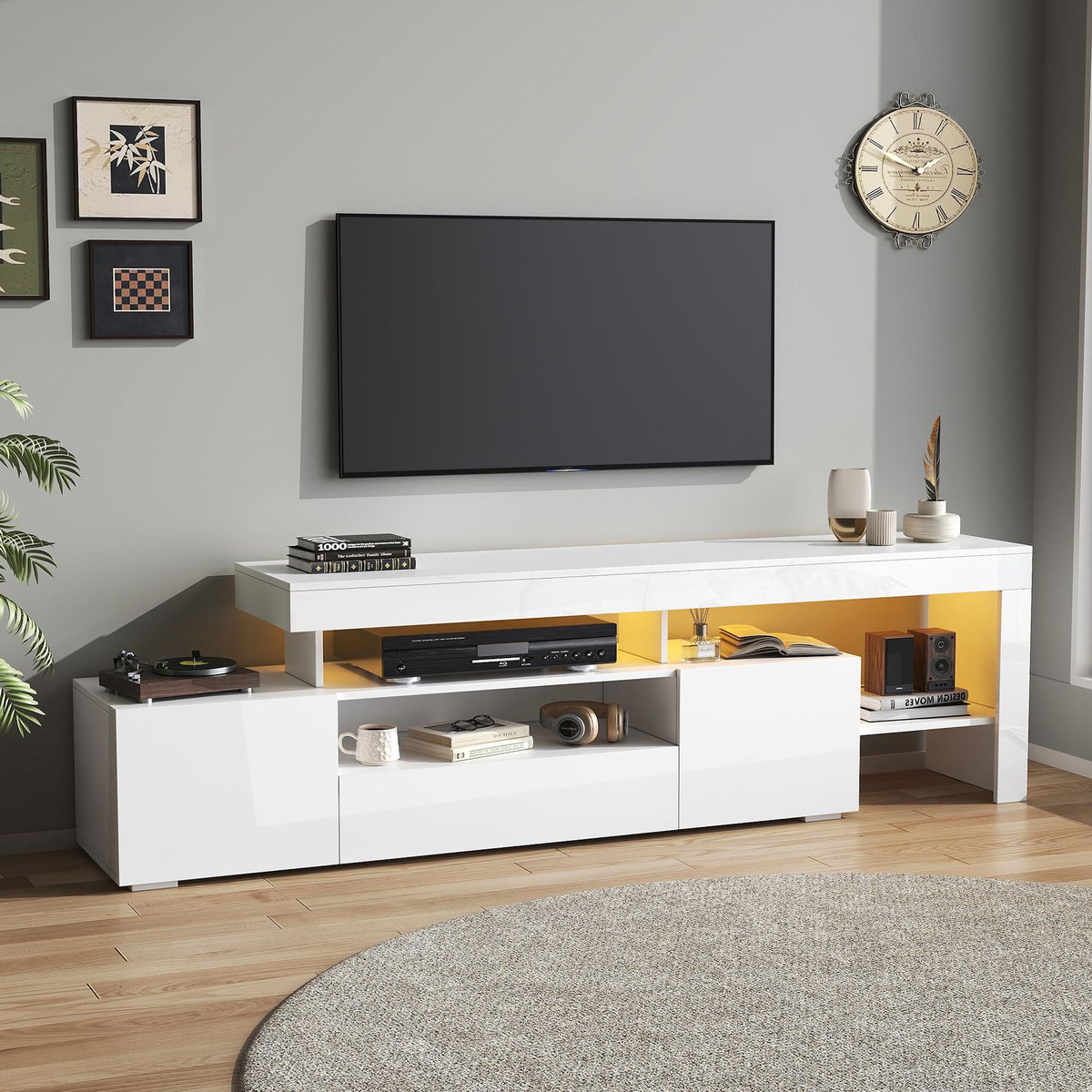 MERAX Meuble tv blanc 192 cm led panneau de particules