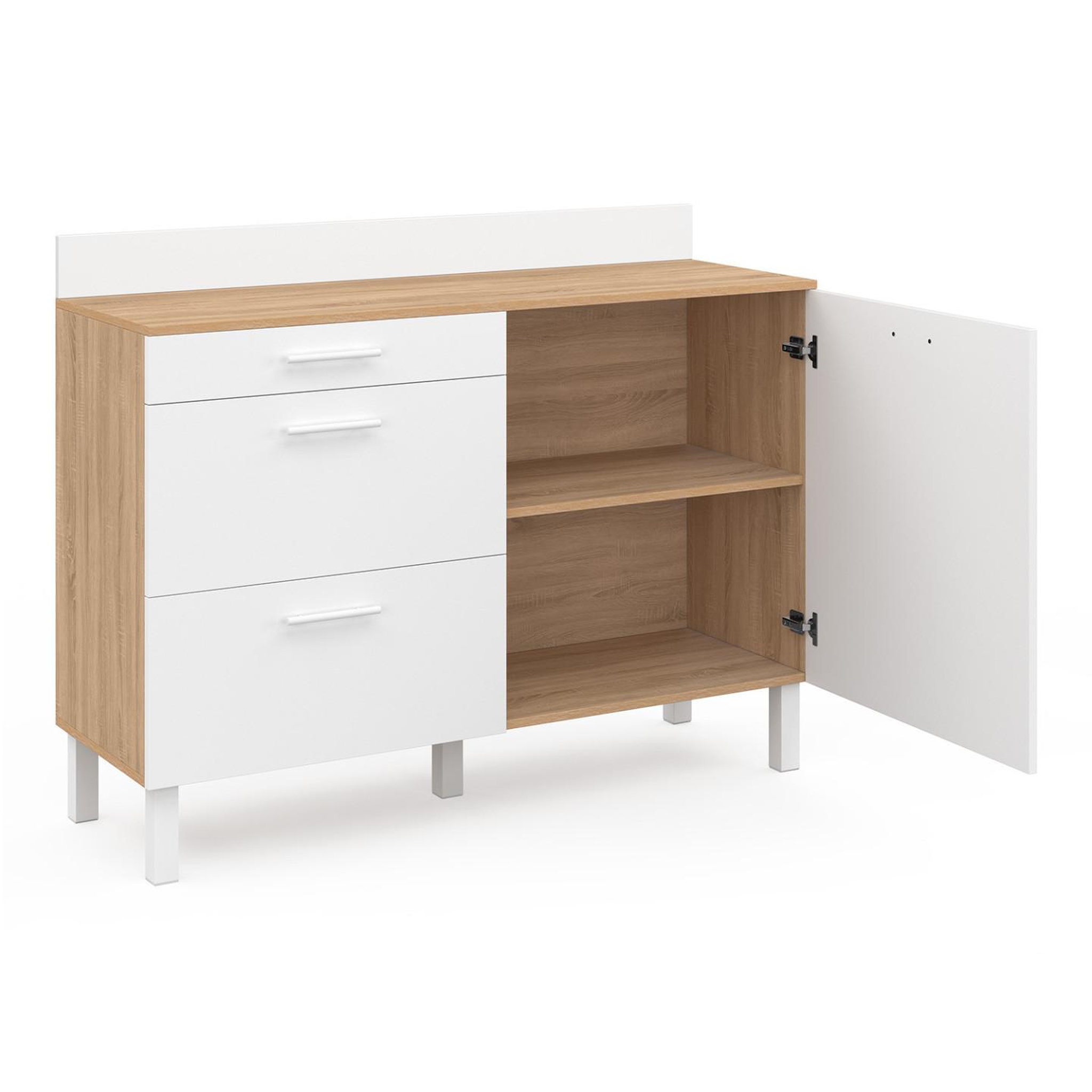 Voir la diapositive 5 : ID MARKET Buffet bas de cuisine 120 cm casserolier cina plan de travail h.83 cm 1 porte + 3 tiroirs façon hêtre et blanc