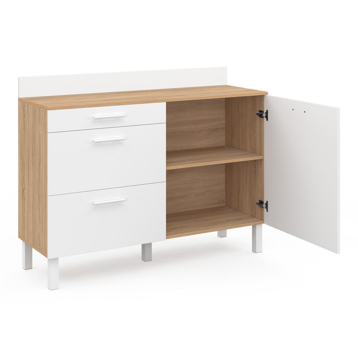 ID MARKET Buffet bas de cuisine 120 cm casserolier CINA plan de travail H.83 cm 1 porte + 3 tiroirs façon hêtre et blanc