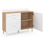 Voir la diapositive 5 : ID MARKET Buffet bas de cuisine 120 cm casserolier CINA plan de travail H.83 cm 1 porte + 3 tiroirs façon hêtre et blanc