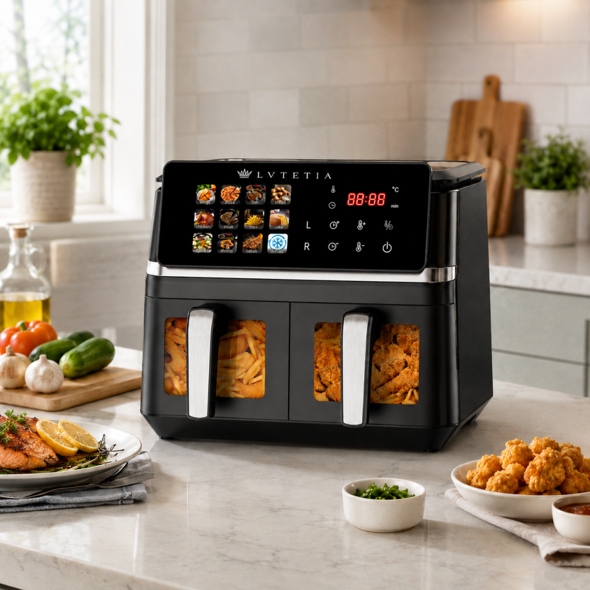 Voir la diapositive 4 : LVTETIA Air Fryer BW-IP8018D, friteuse sans huile grande capacité 9L, 2000W, double panier avec fenêtre