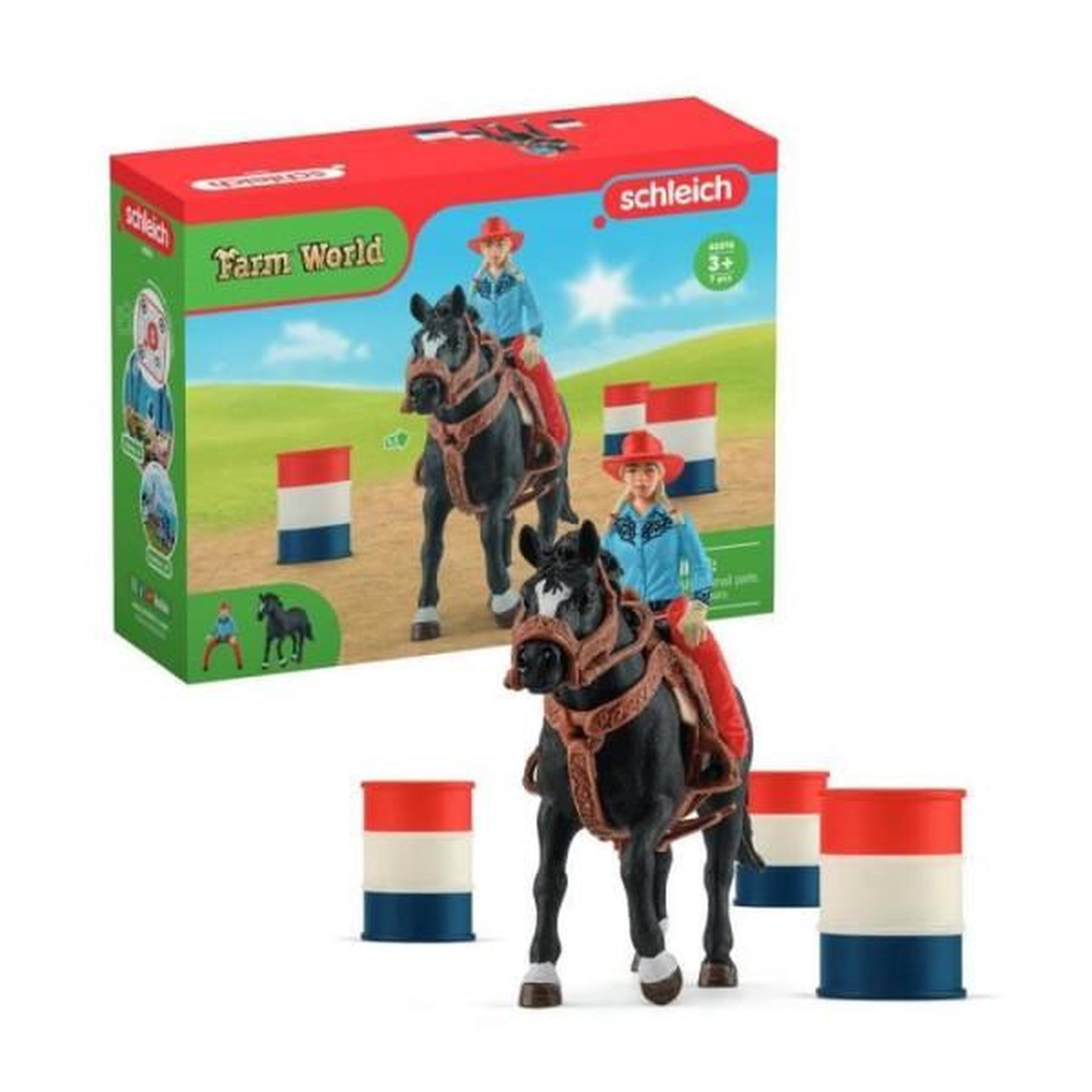 Schleich Figurine Cowgirl et Tonneaux de Racing, avec figurine et cheval, Schleich 42576 Farm World